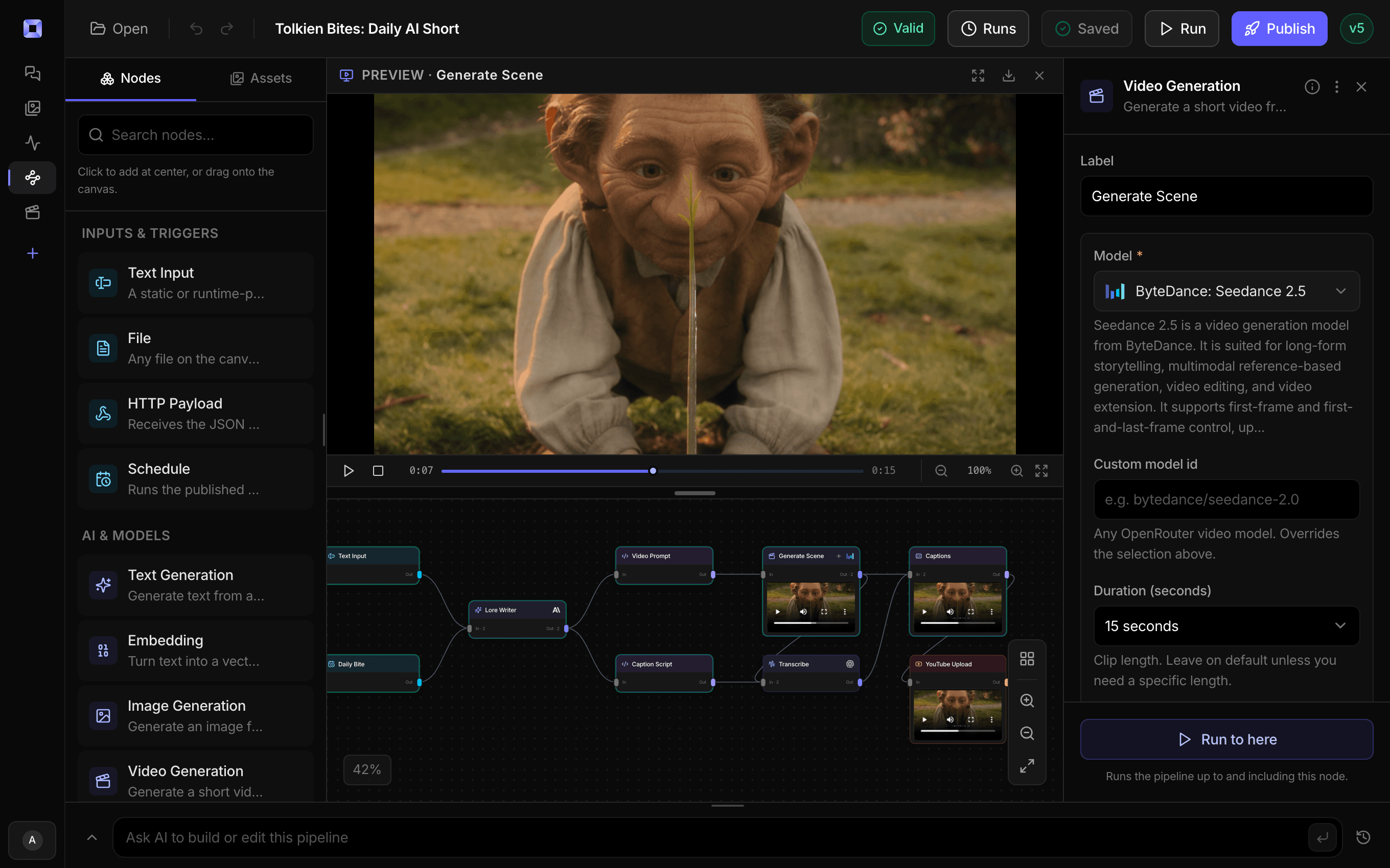 The Treza node editor showing a scheduled daily short pipeline running left to right: a brief and schedule into a writer model, then a Seedance 2.5 video node, transcription, burned-in captions, and a YouTube upload node, with the generated character shot playing in the preview panel