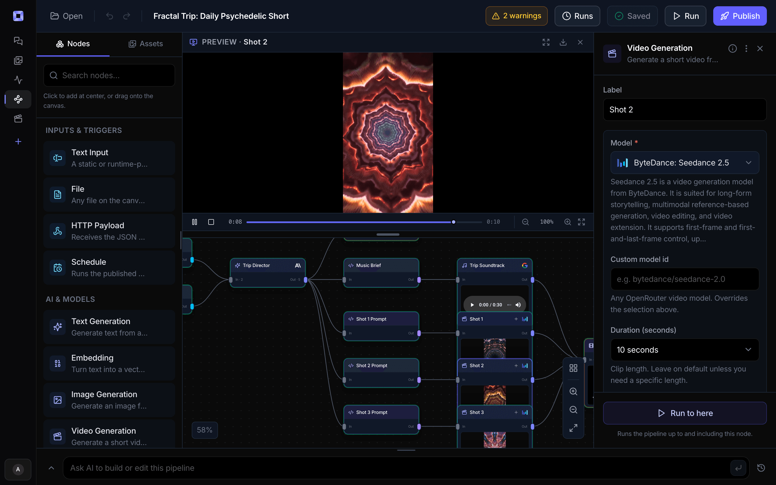 The Treza node editor showing a daily short pipeline: prompt nodes fanning into three video generation shots and a music track, with a Seedance 2.5 video node selected
