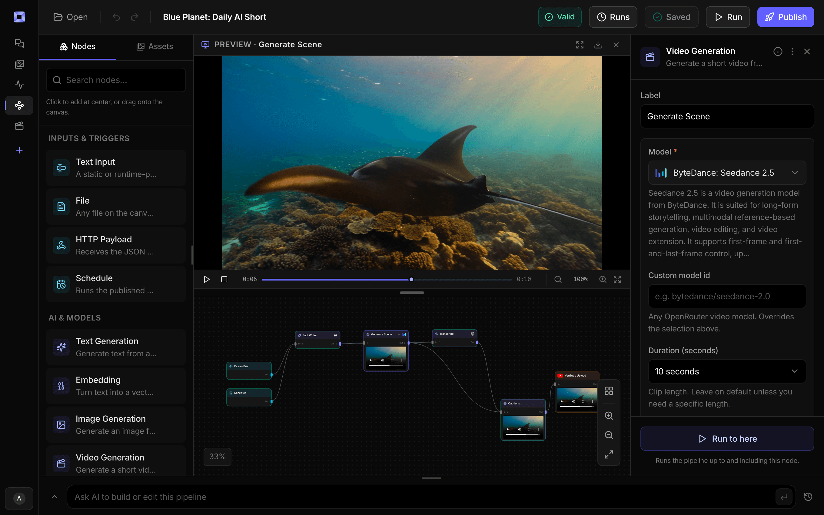 The Treza node editor showing a scheduled daily short pipeline running left to right: an ocean brief and schedule into a writer model, then a Seedance 2.5 video node, transcription, burned-in captions, and a YouTube upload node, with a generated manta ray gliding over a coral reef in the preview panel