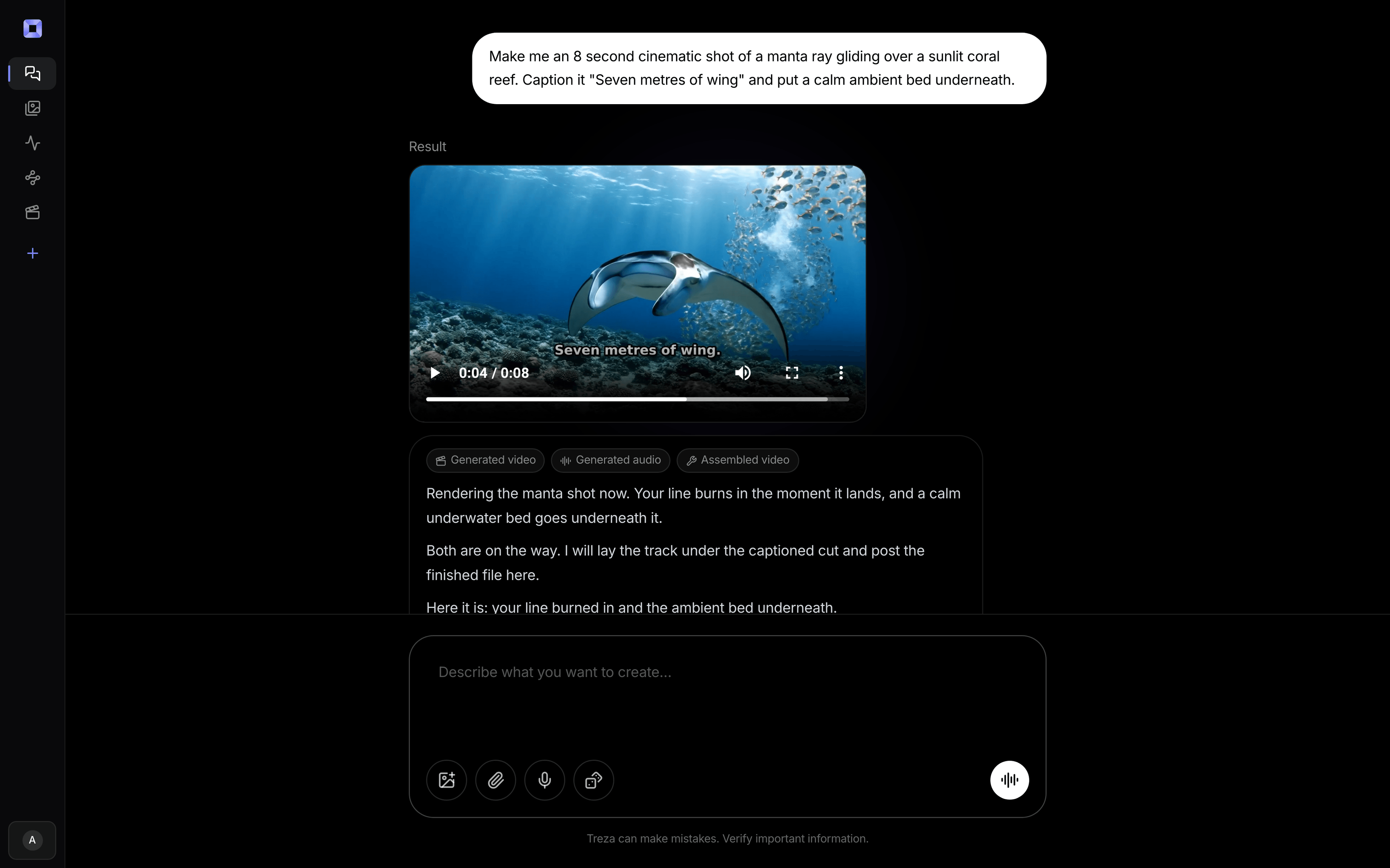 The Treza chat with a one line request for a six second espresso pour, the finished clip playing in the thread underneath it, and the model's reply saying the video is ready