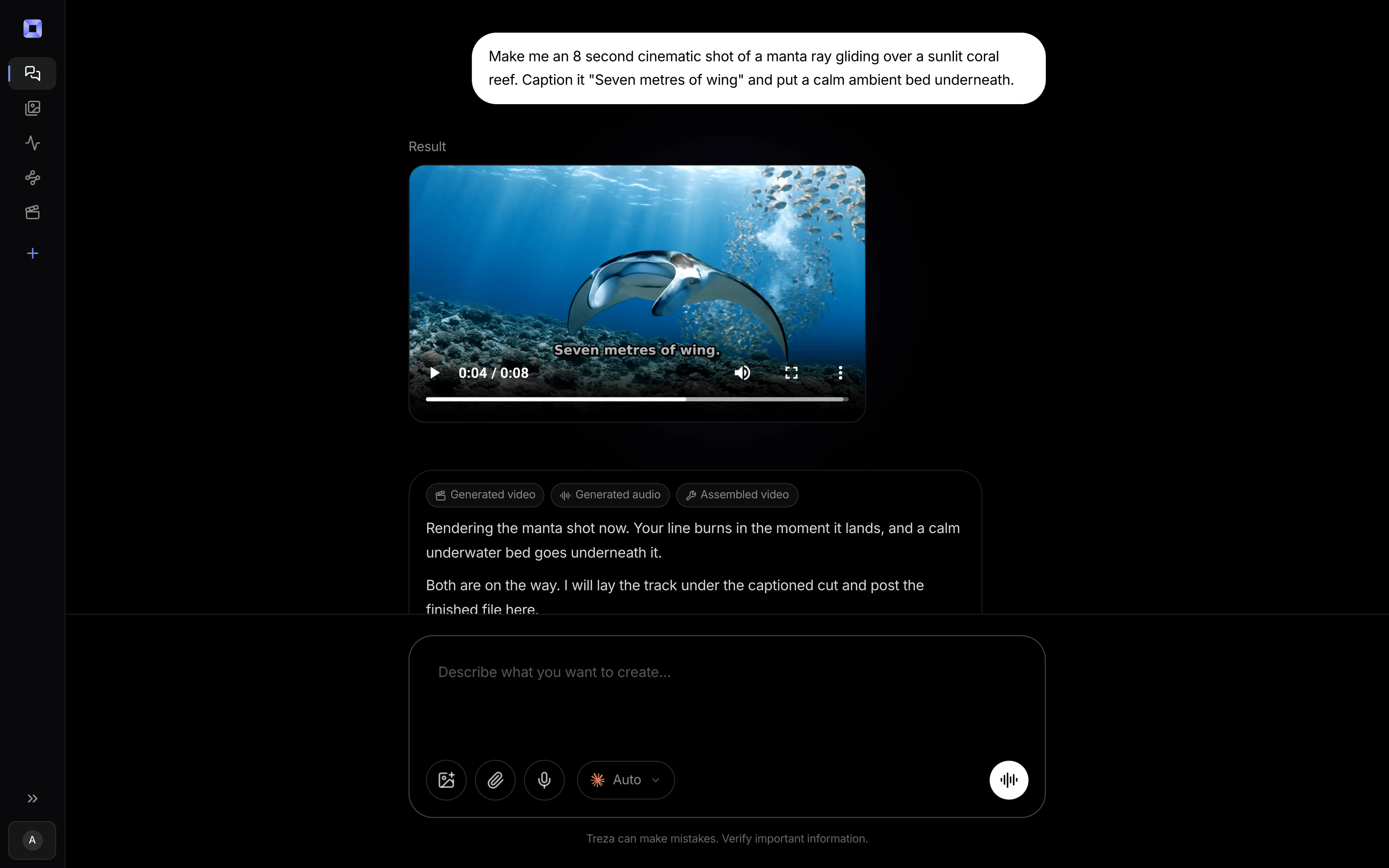 The Treza chat with a request for an eight second manta ray shot, captioned and scored with an ambient bed, the finished captioned clip playing in the thread underneath it, and the reply saying what was made
