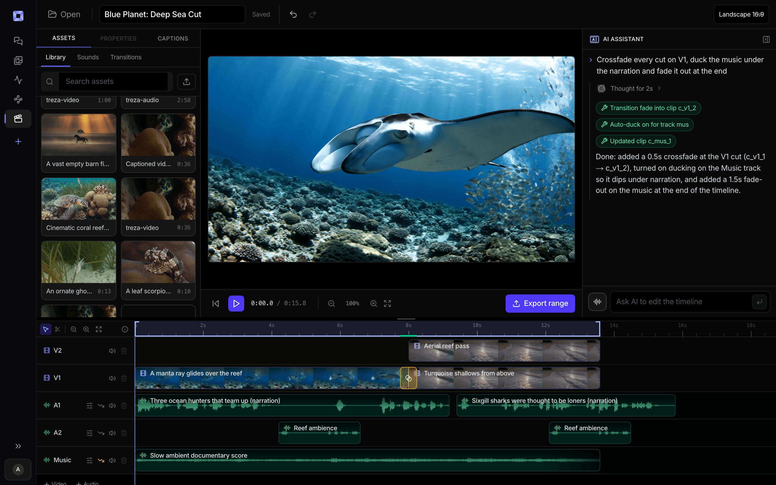 The Treza timeline editor with a cut loaded: an asset library, a preview, two video tracks, dialog and ambience tracks, a music bed, and an export control