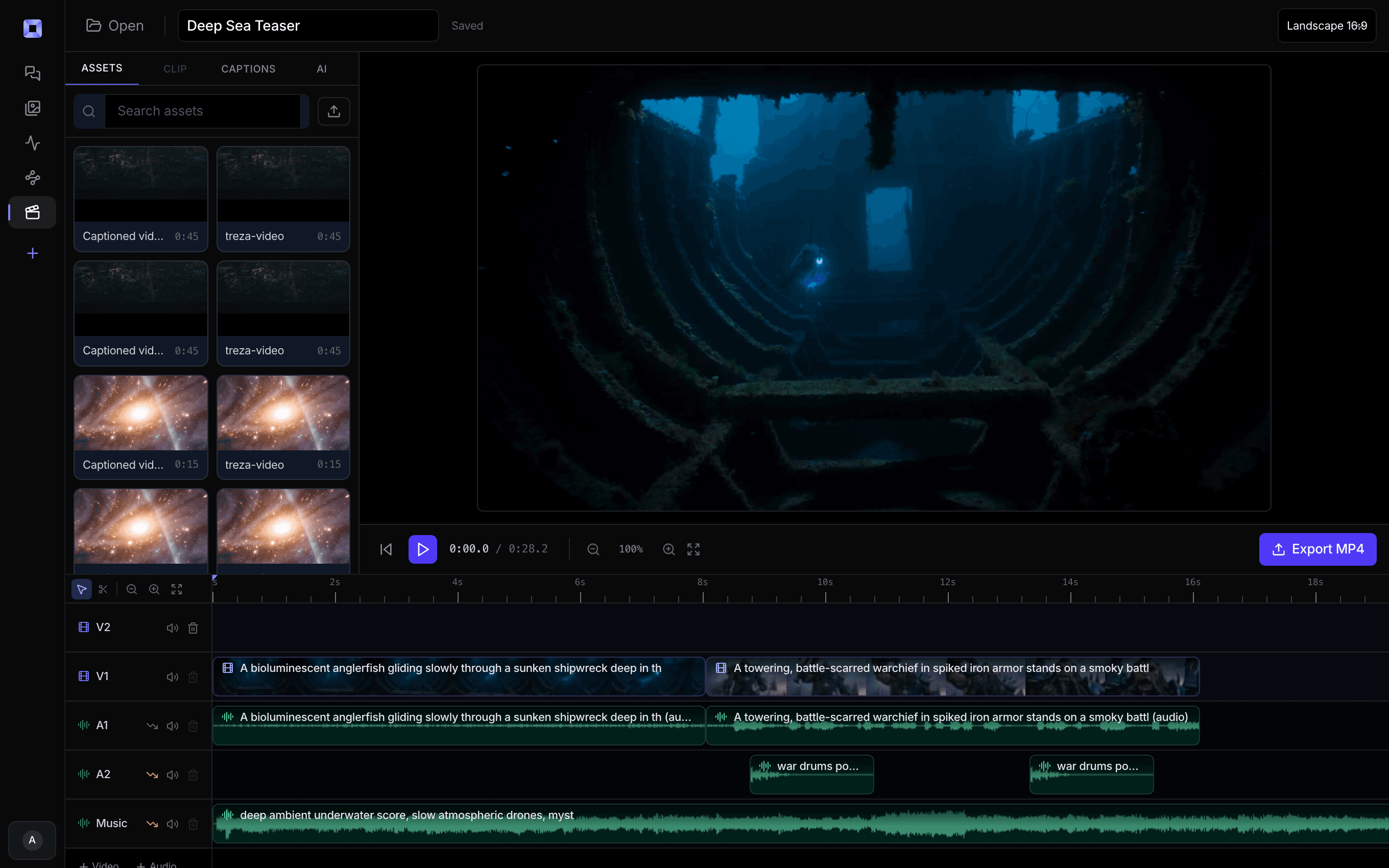 The Treza timeline editor with a deep sea cut loaded: two video clips, dialog and sound effect tracks, a music bed, and an Export MP4 button
