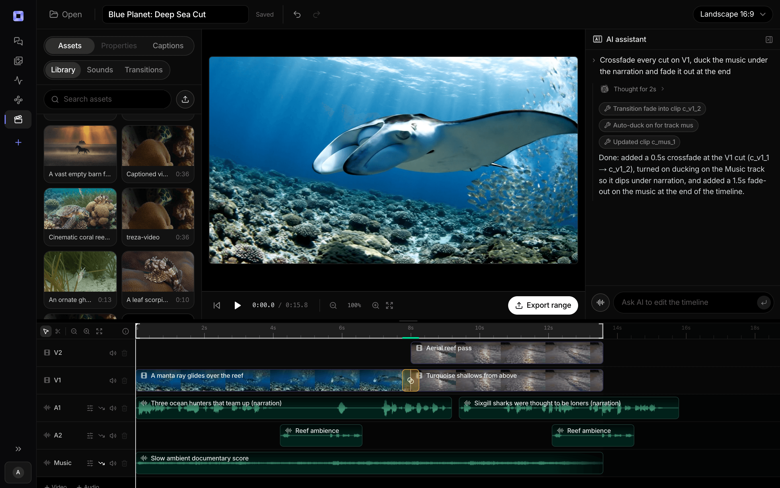 The Treza timeline editor with a cut loaded: an asset library, a preview, two video tracks, dialog and ambience tracks, a music bed, and an export control