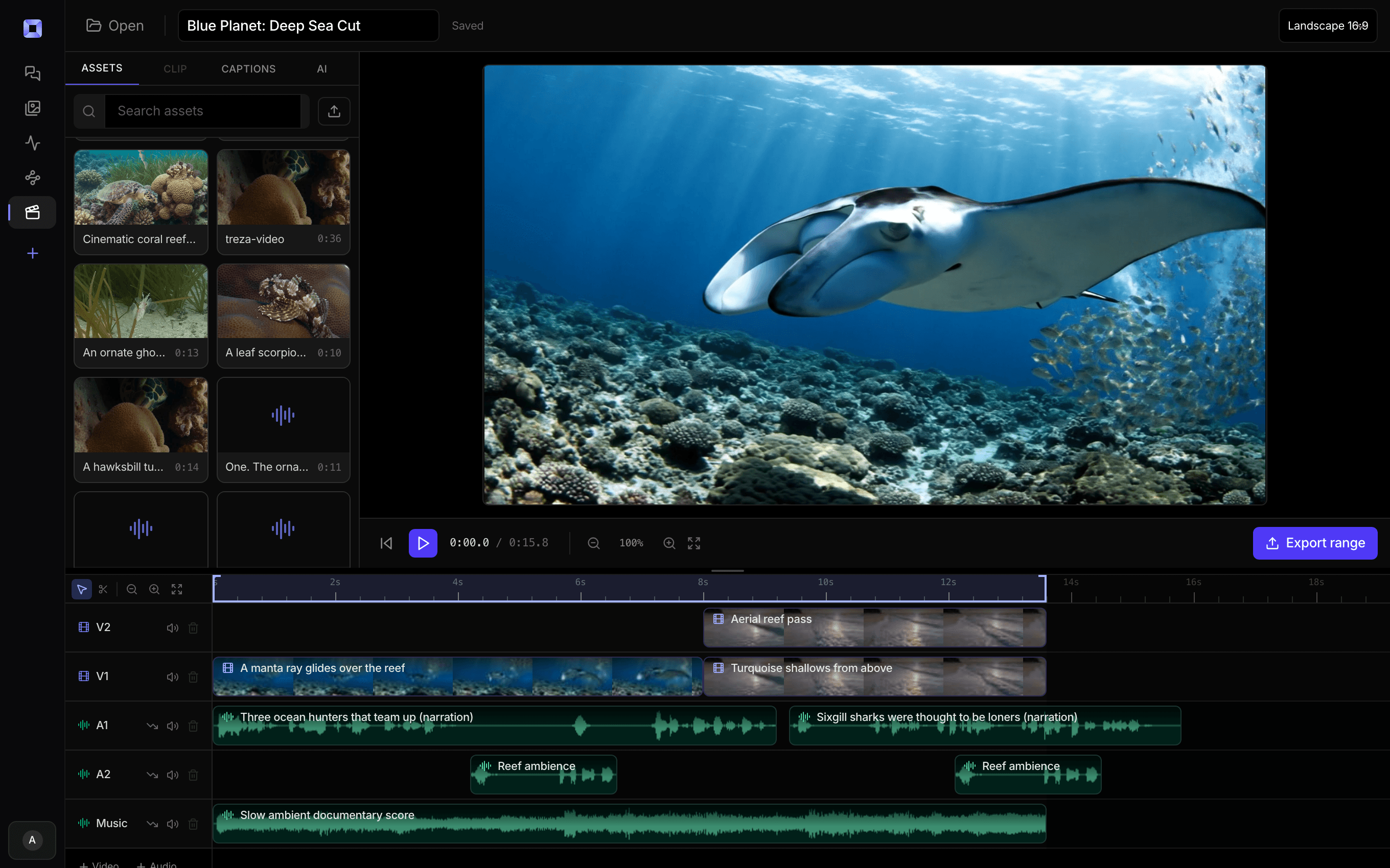 The Treza timeline editor with a cut loaded: an asset library, a preview, two video tracks, dialog and ambience tracks, a music bed, and an export control