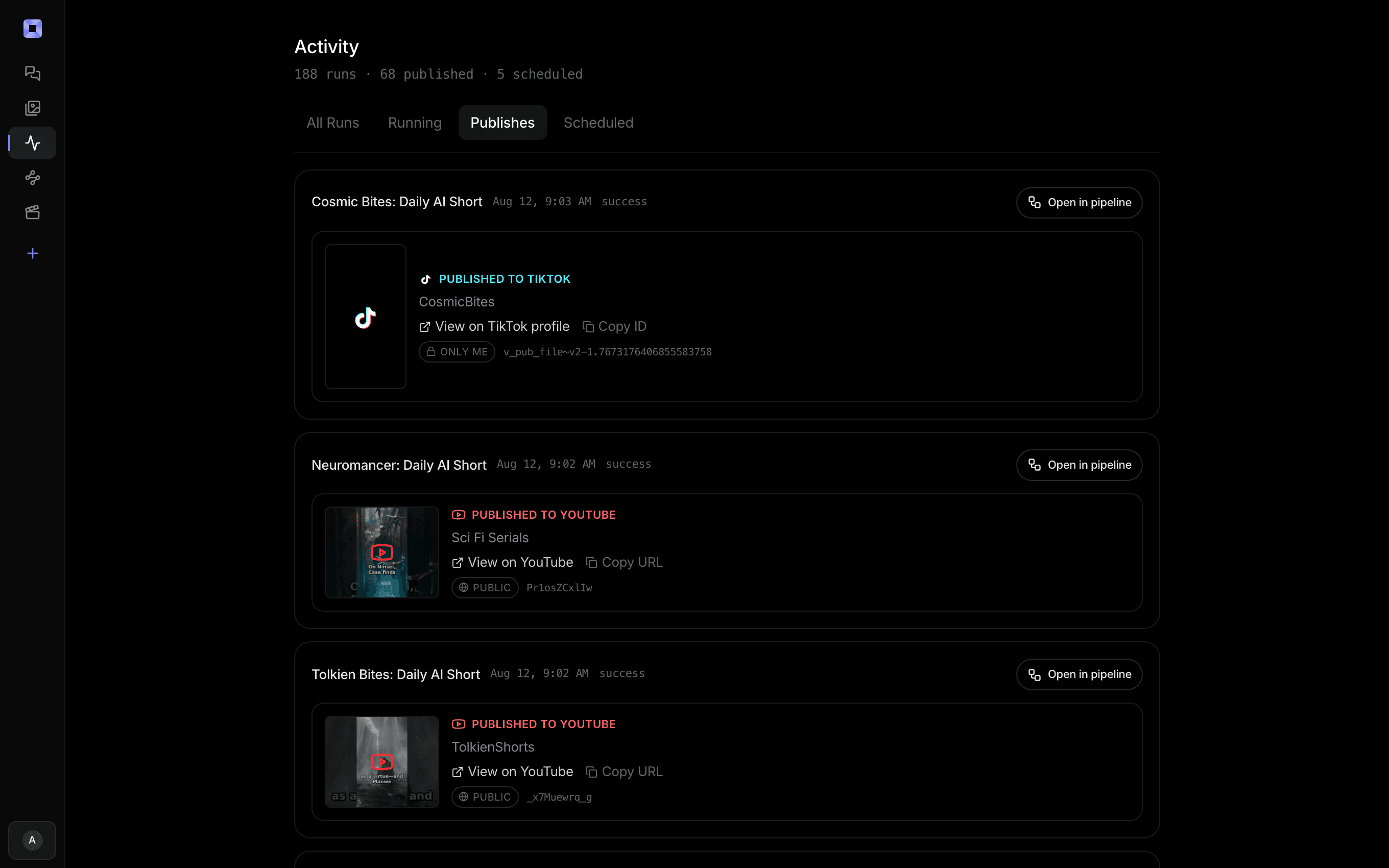 The Treza activity feed showing recent pipeline runs published to YouTube and TikTok, with public video links and posting times