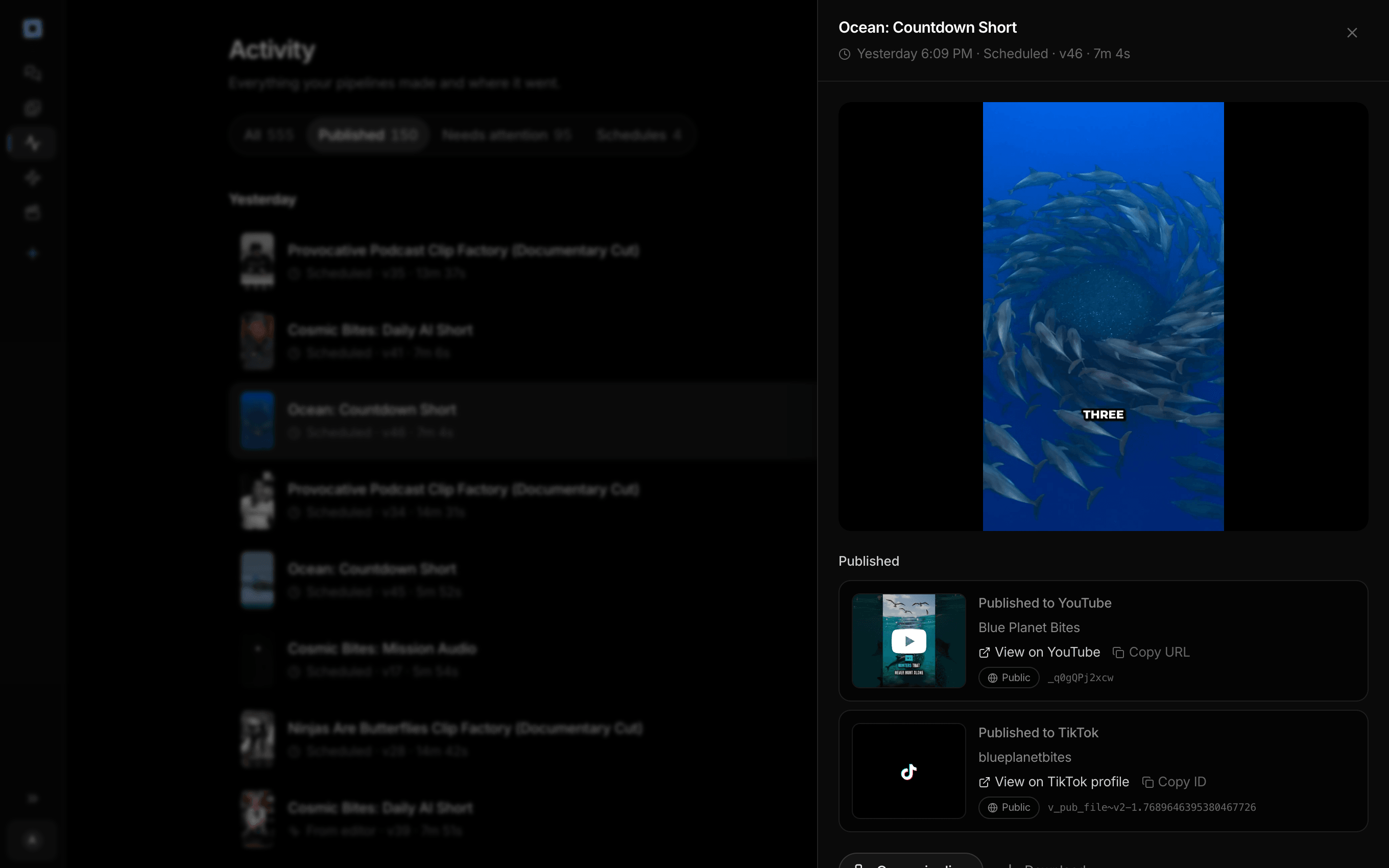 The Treza activity feed filtered to published runs, with one Ocean countdown run open: its finished vertical video, and the YouTube and TikTok posts it made with their channels and links
