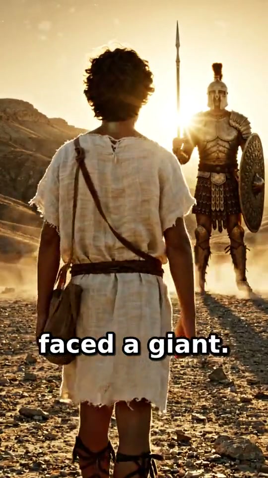 A shepherd facing an armored warrior across a valley, an AI interpretation of David and Goliath in 1 Samuel 17