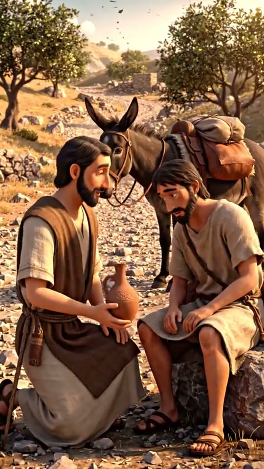 An illustrated traveler offering water to a seated man, inspired by the Good Samaritan in Luke 10