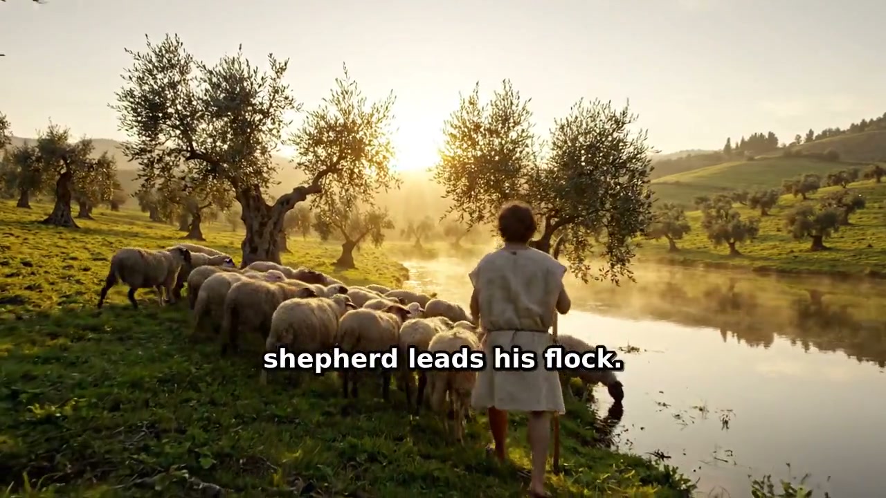 A shepherd leading sheep beside still water at sunrise, an AI interpretation of Psalm 23