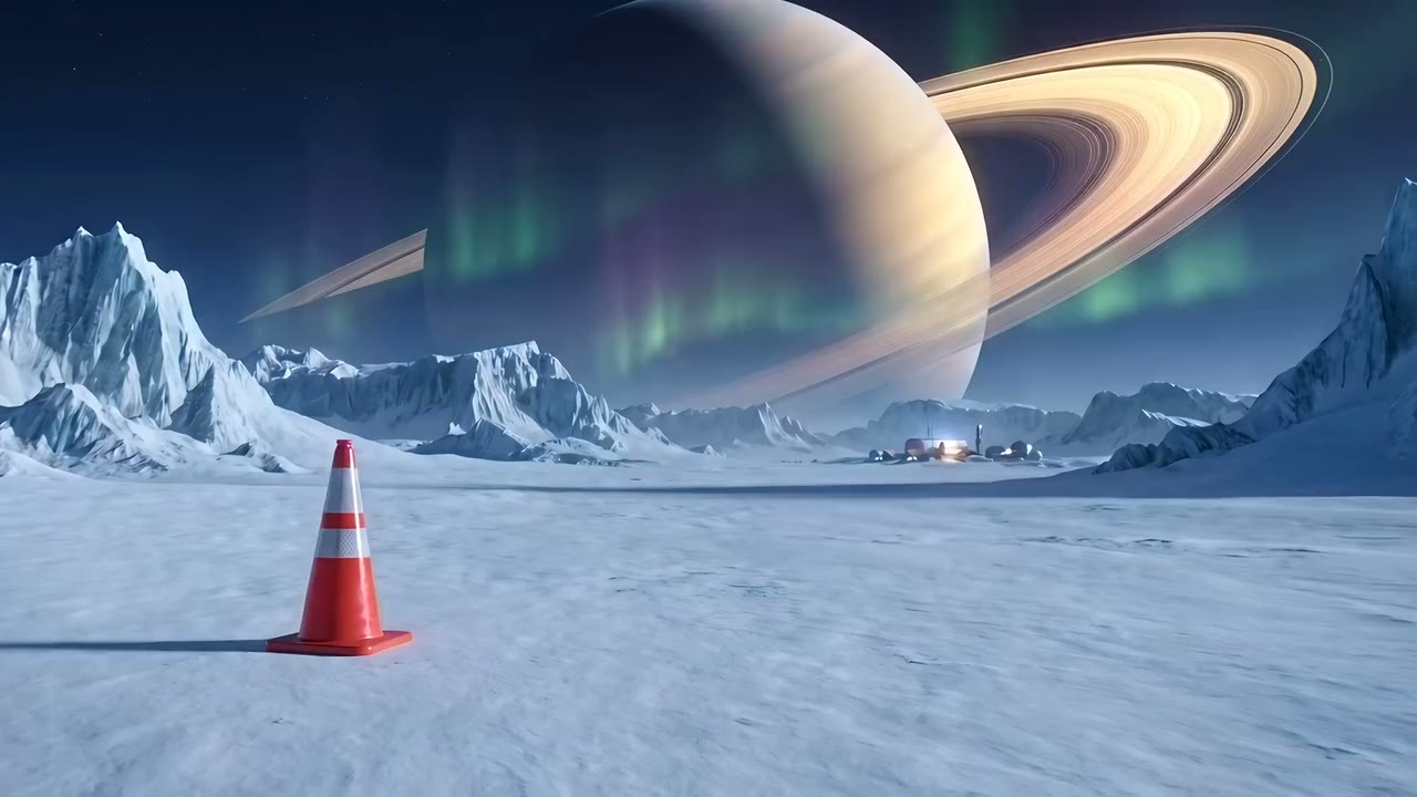 A dolly across an ice moon under a ringed planet, an orange traffic cone in the snow