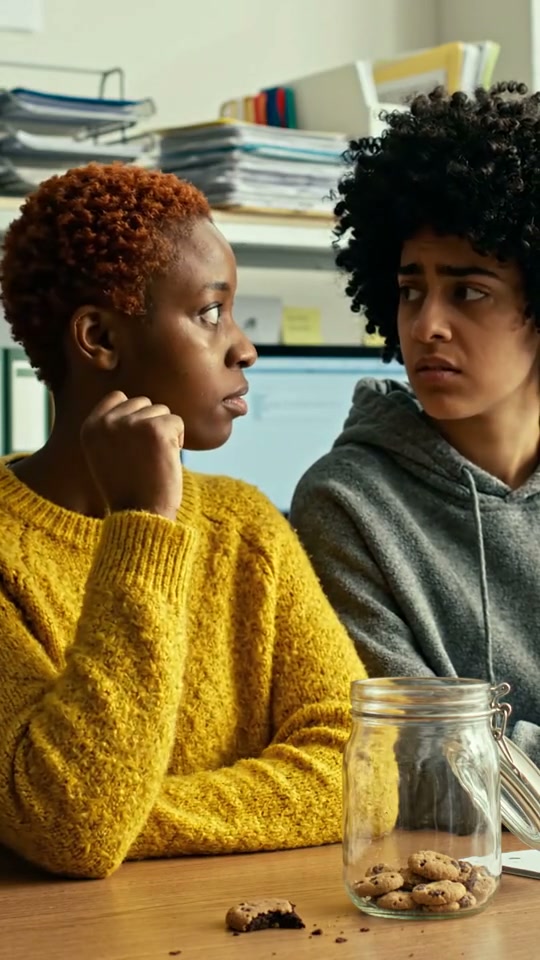 Two coworkers investigate a cookie jar in an original office comedy skit
