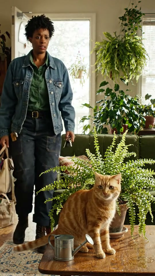 Jules rushes to her shift while her orange tabby cat roommate tends a fern in an original apartment sitcom