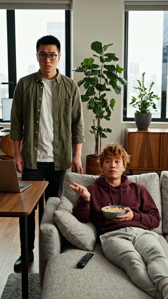 A tech worker asks his high-school friend about finding work while the friend lounges on his sofa eating cereal