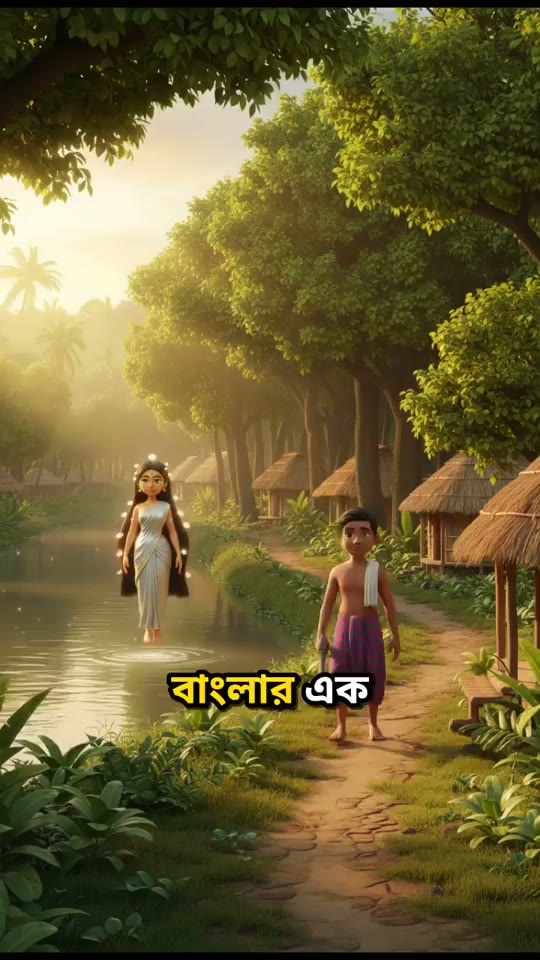 An animated story: a woodcutter and a goddess on a forest path by a river, the narrated line captioned in Bengali