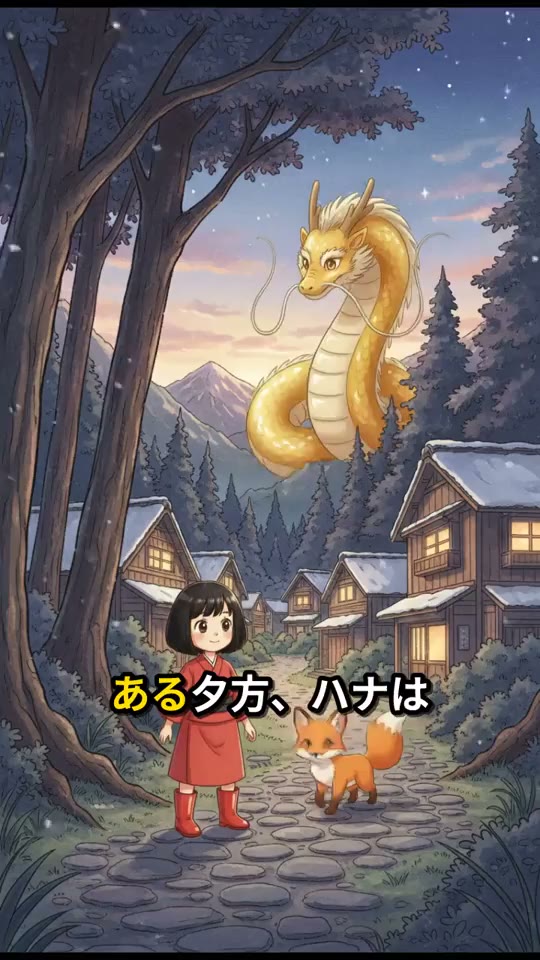 An animated cartoon: a girl and a fox in a moonlit village below a golden dragon, the narrated line captioned in Japanese