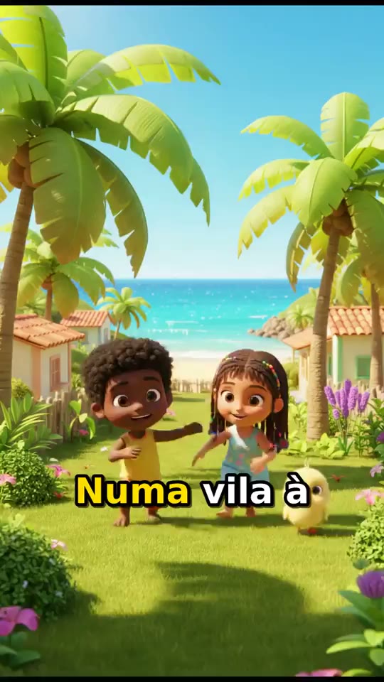 An animated cartoon: two children and a yellow chick on the grass by the sea, the narrated line captioned in Portuguese