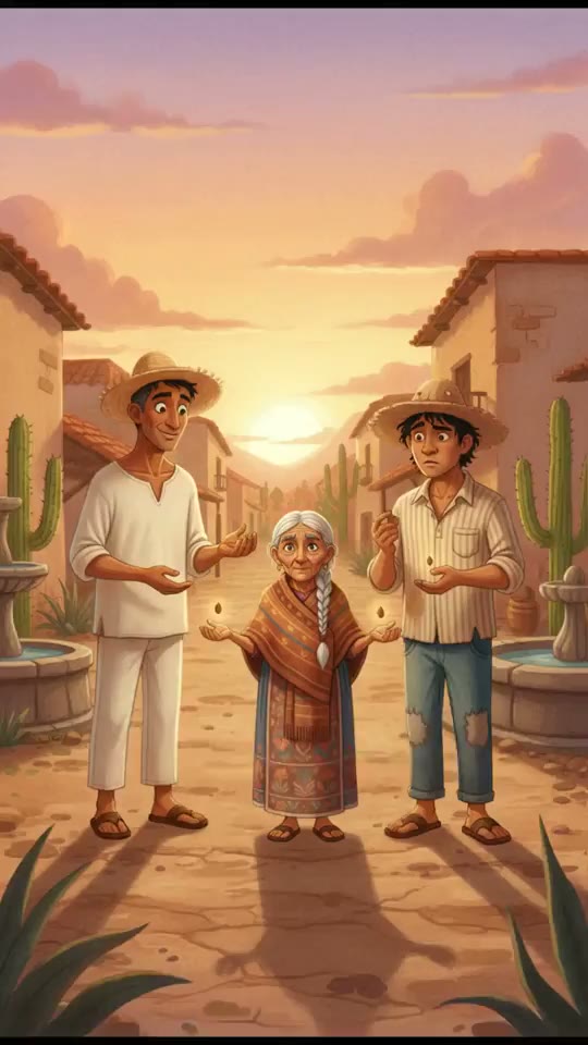 An animated cartoon: two farmers and a grandmother in a sunlit village in Oaxaca