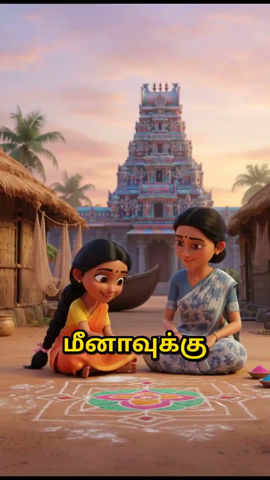 An animated story: a girl and her mother drawing a kolam below a temple tower, the narrated line captioned in Tamil