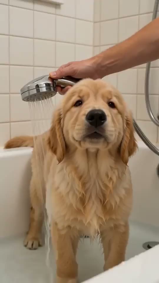 A golden retriever puppy in a bath under a shower head, from a reel for a pet care brand