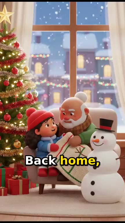 Grandpa wrapping the girl in a blanket by the tree, the narrated line captioned