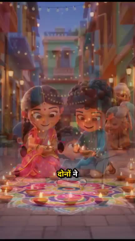 Two children lighting diyas around a rangoli, the narrated line captioned in Hindi