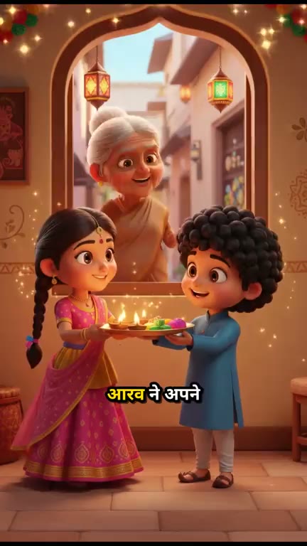 The children handing sweets to their elderly neighbor, the narrated line captioned in Hindi