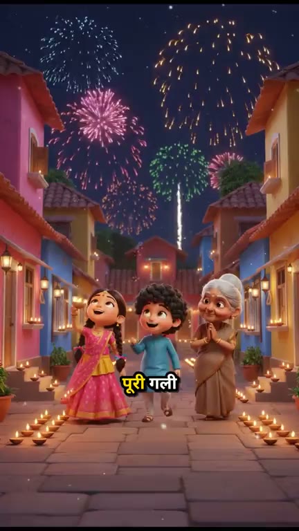 Fireworks over the lane as the children look up, the narrated line captioned in Hindi