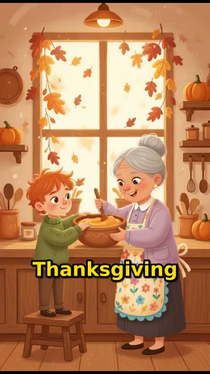 A boy and his grandma baking a pie, the narrated line captioned