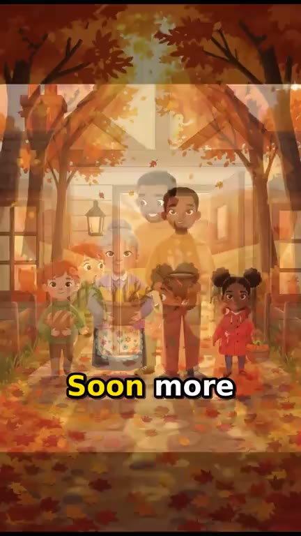 Neighbors arriving under maple trees with bread and corn, the narrated line captioned