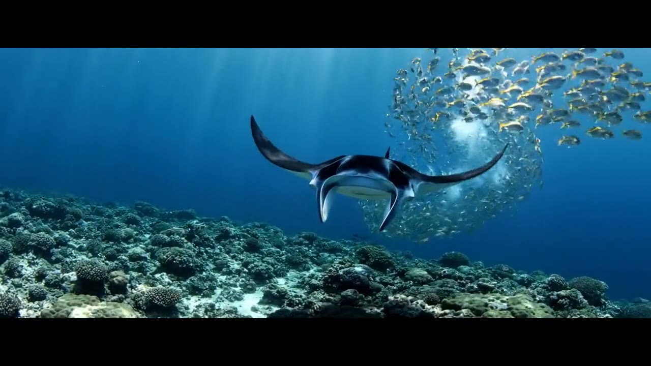 A manta ray over a reef between black bars in a wide 2.39:1 frame