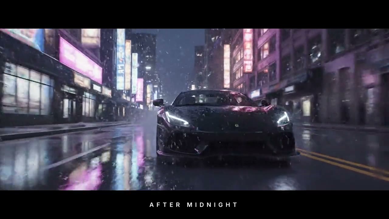 A car through neon rain at night between black bars, AFTER MIDNIGHT in the bottom bar