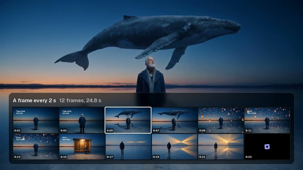 A man on a mirror-flat salt flat at dusk under a whale and lanterns, with a sheet of a frame every two seconds underneath