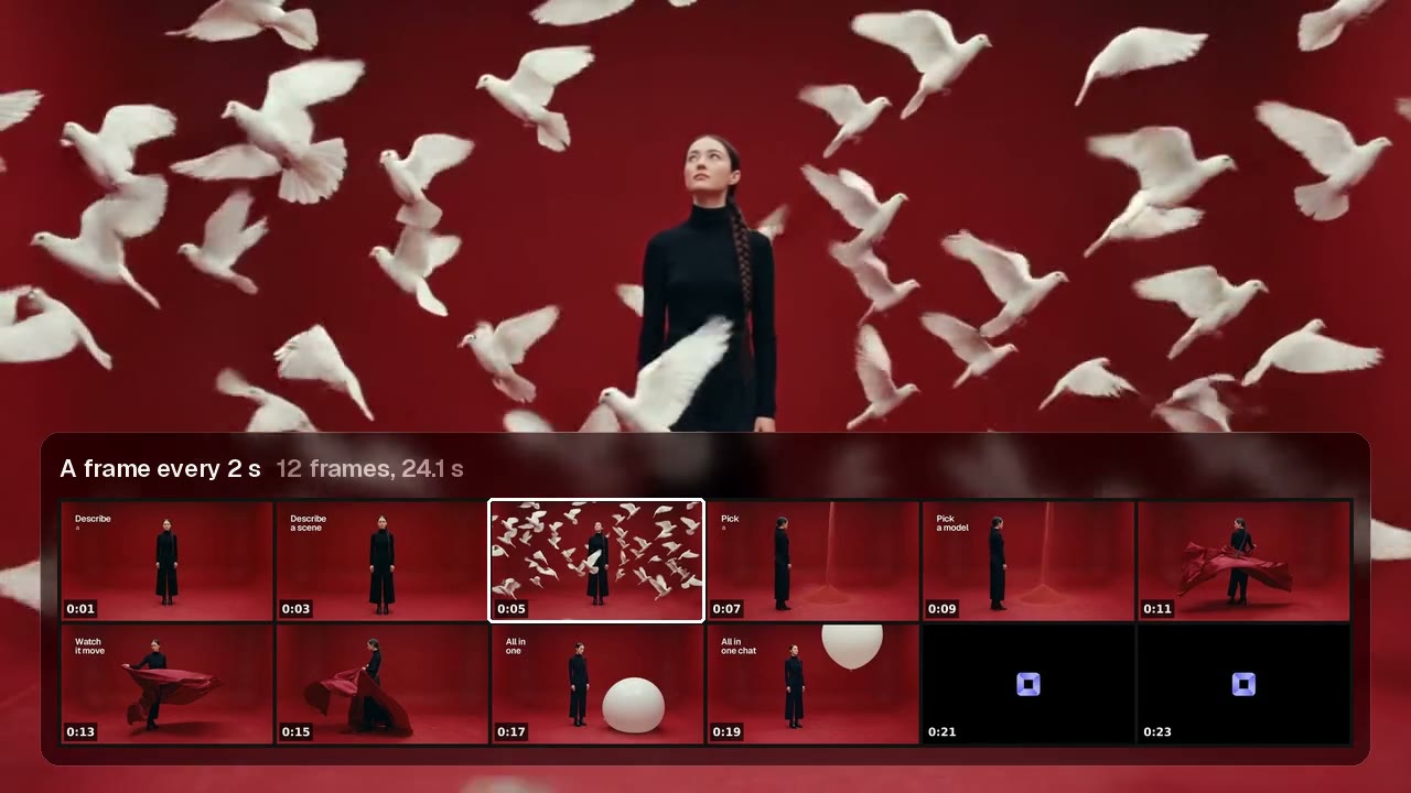 A woman in black in a red room among doves and a red cloak, with a sheet of a frame every two seconds underneath