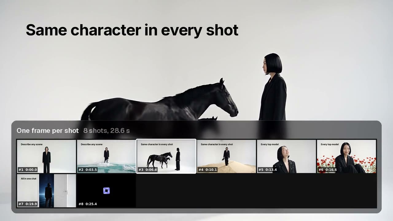 A woman in a black suit in a white room, then in surf, beside horses and on a dune, with a sheet of one frame per shot underneath