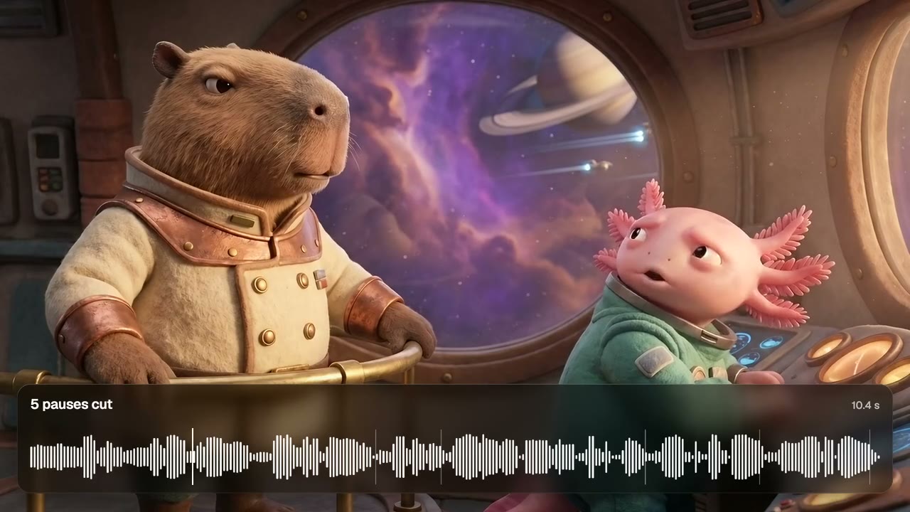 The same scene with five pauses cut, 13.1 seconds down to 10.4