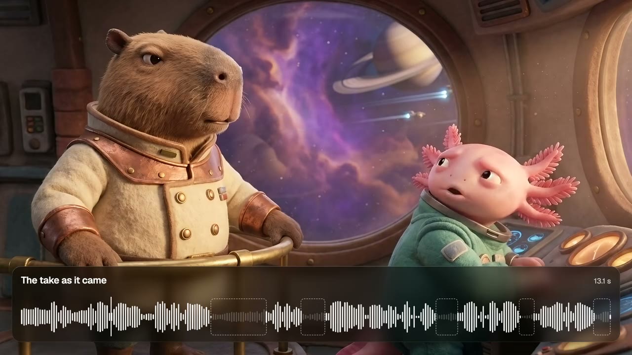 A capybara captain and an axolotl co-pilot on a starship bridge, with the pauses Cut Pauses found marked on the sound