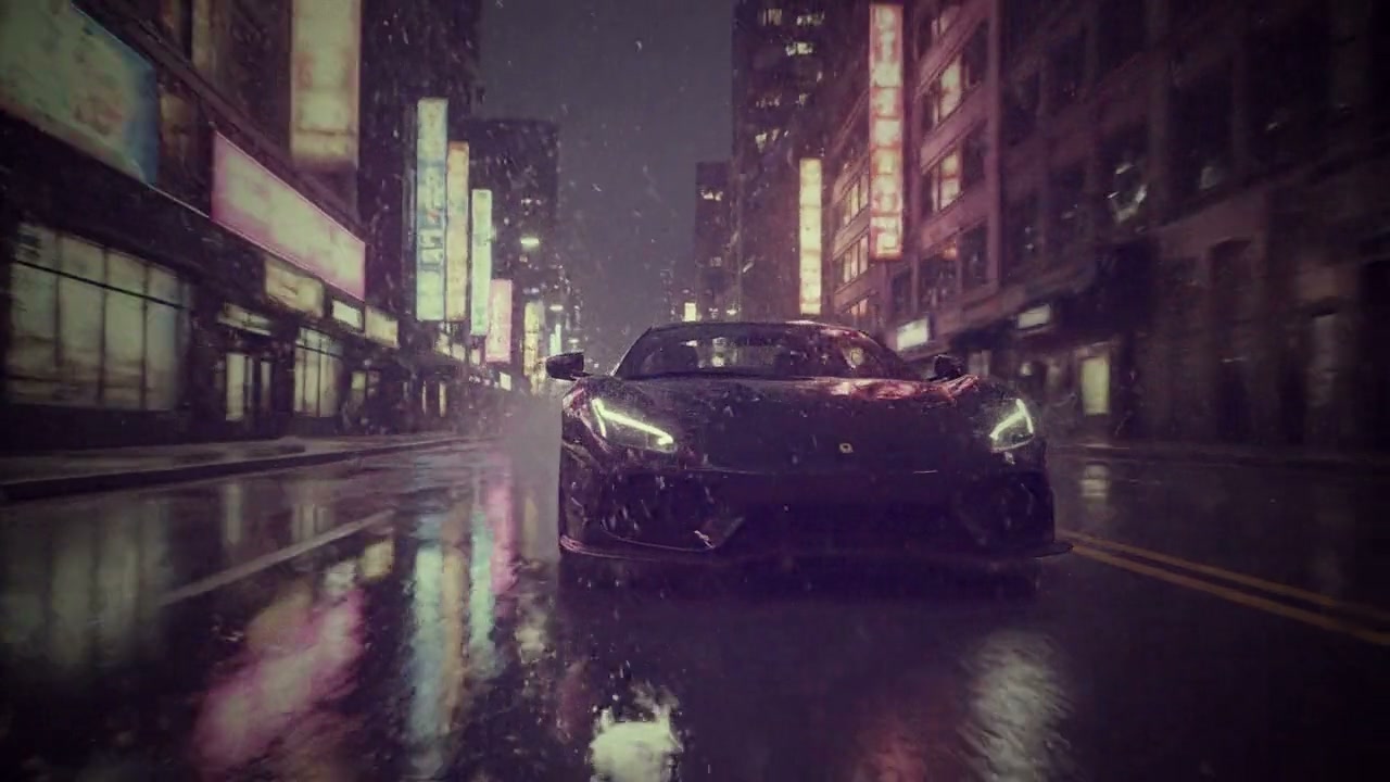 A car through neon rain at night, faded and grainy with darkened corners