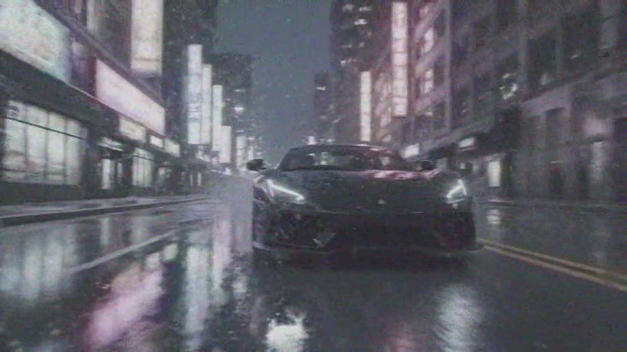 A car through neon rain at night, washed out and grainy like a worn tape