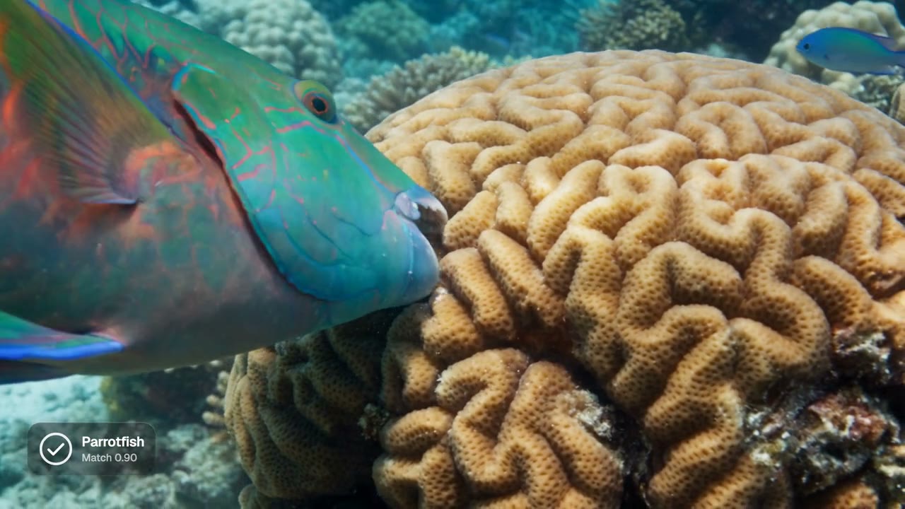 A parrotfish scraping a brain coral, passed by the check at 0.90